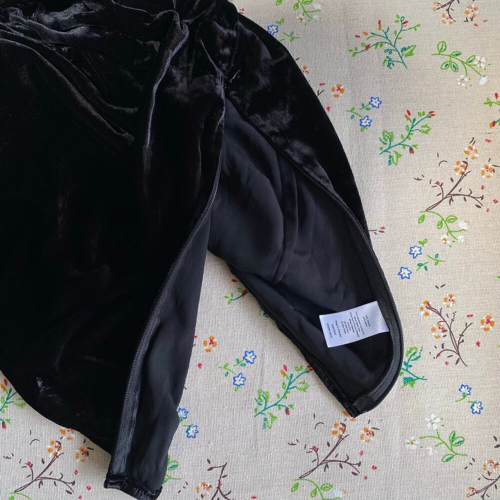 Talbots Velvet High Neck Blouse Puff Sleeve Mock Neck Frilly Trim Black Petite - Picture 7 of 8